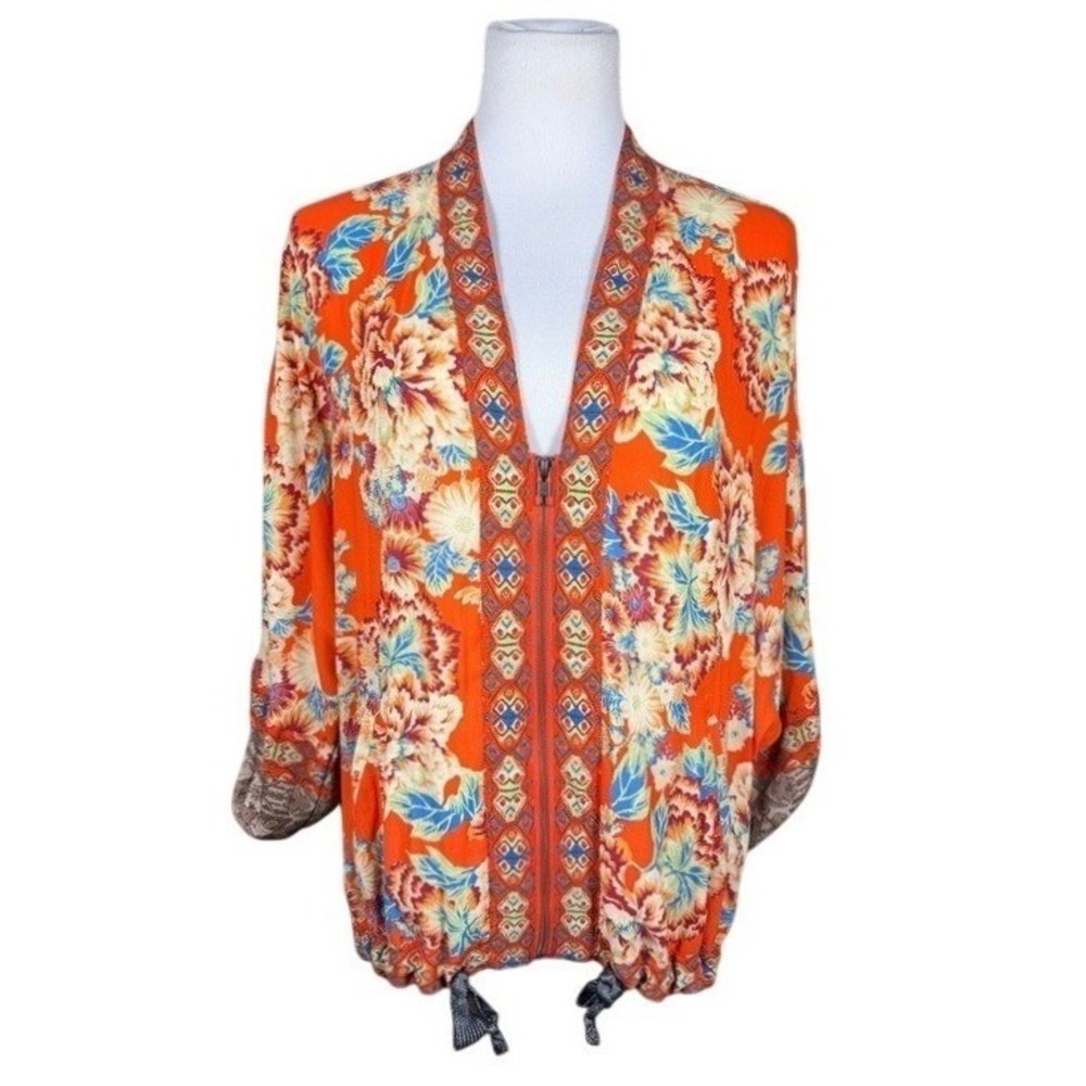 Free People Jacket Womens XS/S Floral Paisley Zip Up Orange Bohemian